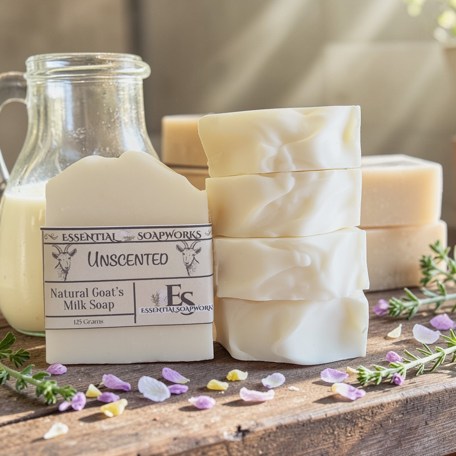 Unscented natural goat's milk soap bars with a bottle of milk on a wooden surface.