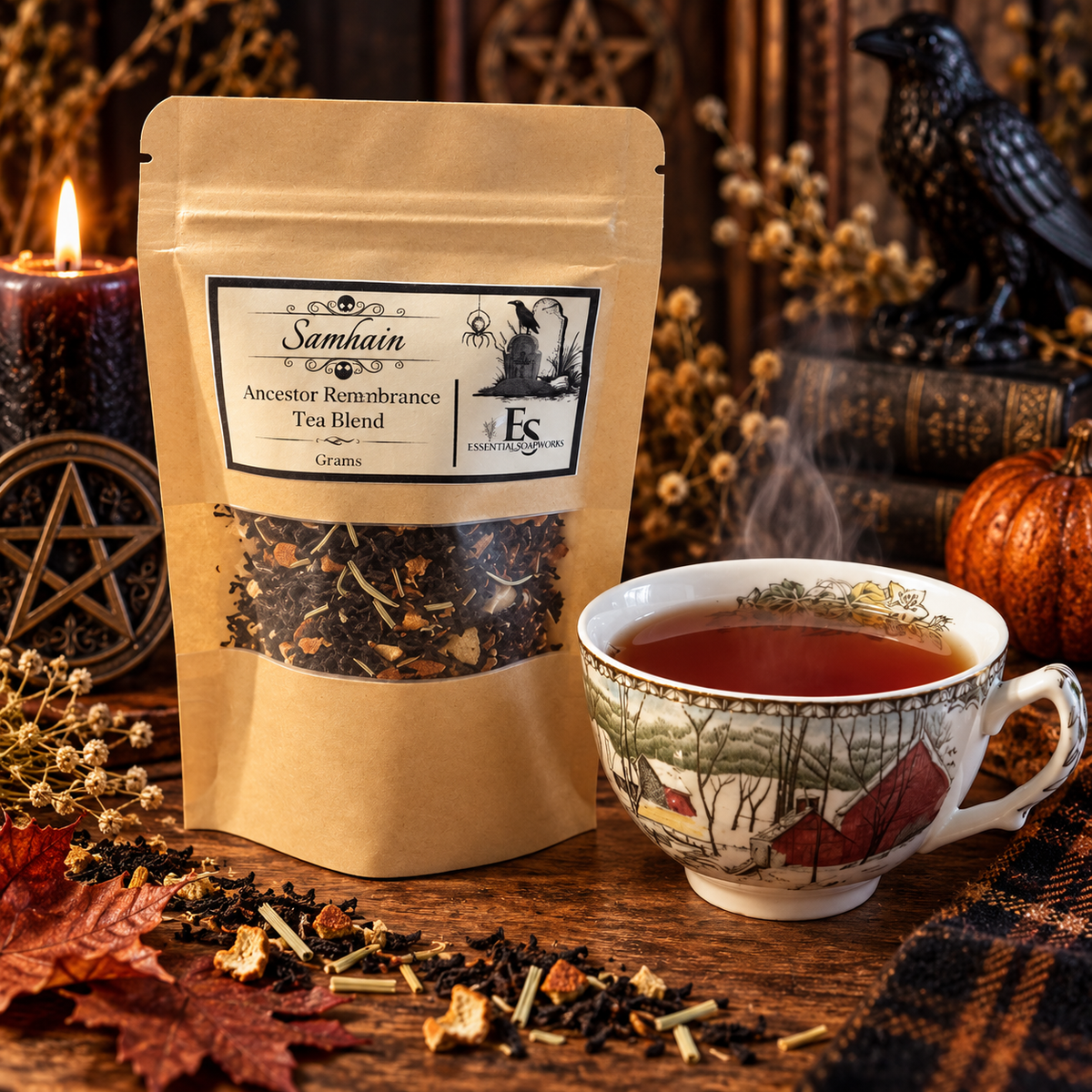 Samhain tea in a pouch next to a teacup on a dark wooden surface