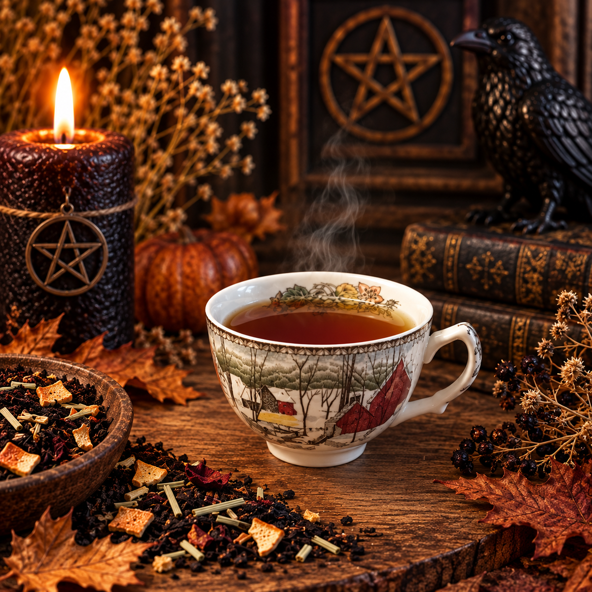 Samhain tea in a teacup on a dark wooden surface