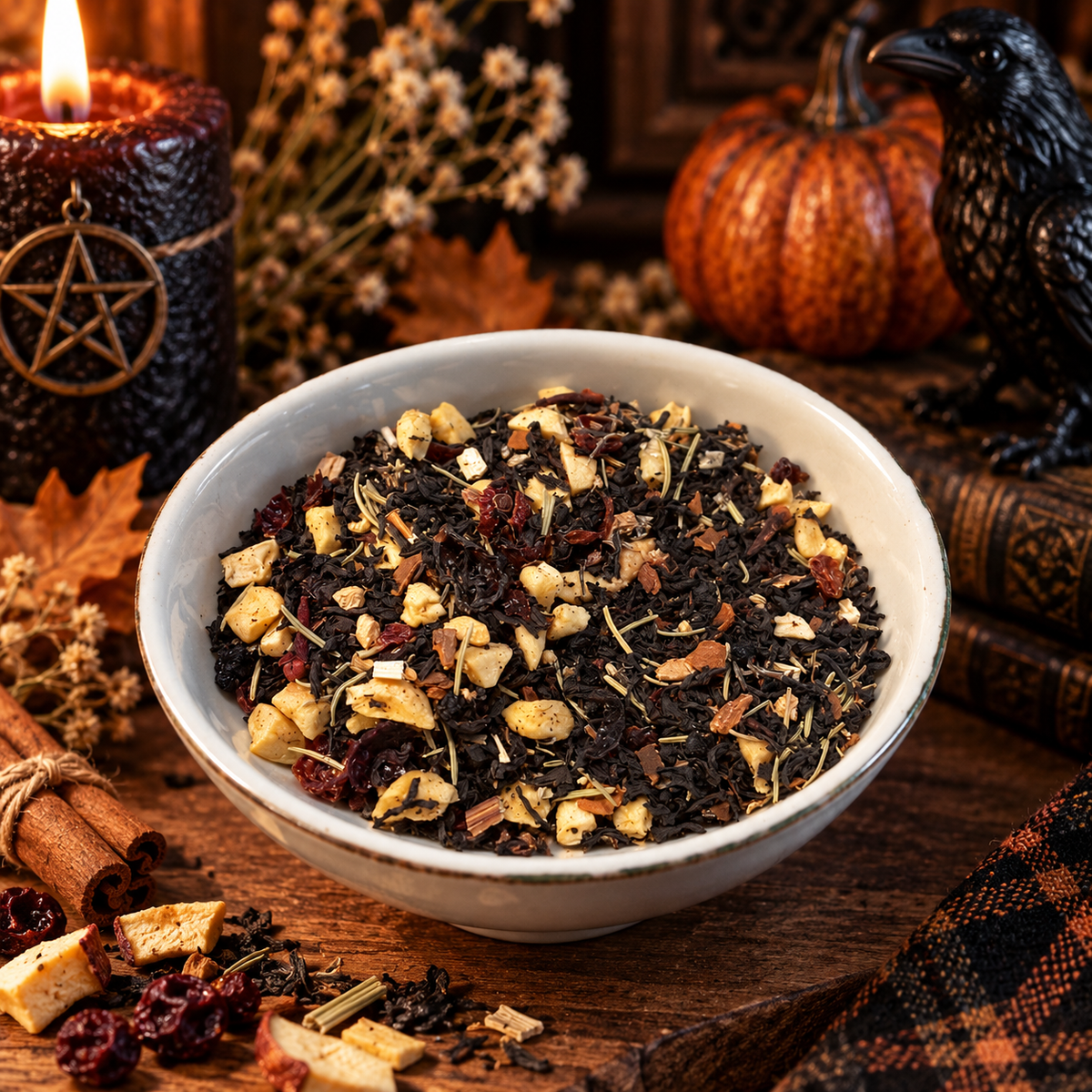 Loose leaf Samhain tea in a bowl on a dark wooden surface