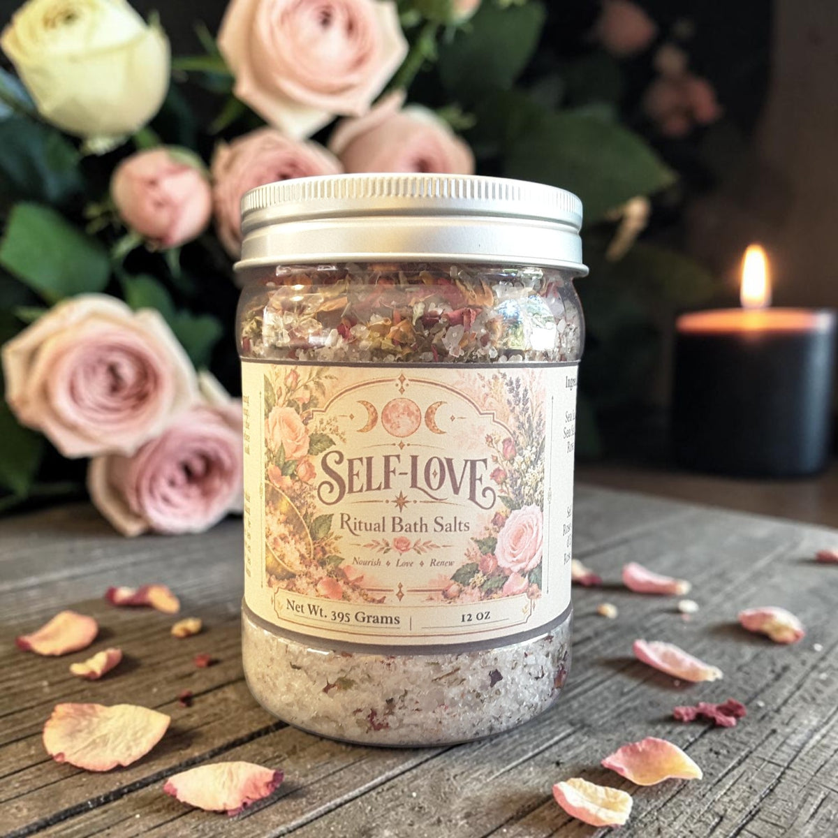 self-love bath salts in a jar on a wooden surface with roses and candles in the background