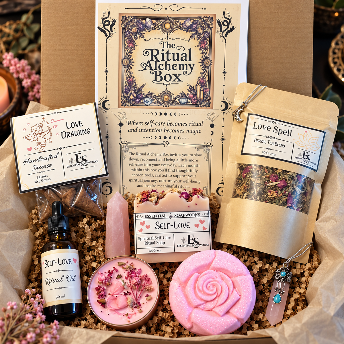 self-love ritual alchemy witchy subscription kit featuring ritual guide, botanical soap, loose leaf tea, ritual oil, incense, candles, crystals and jewelry