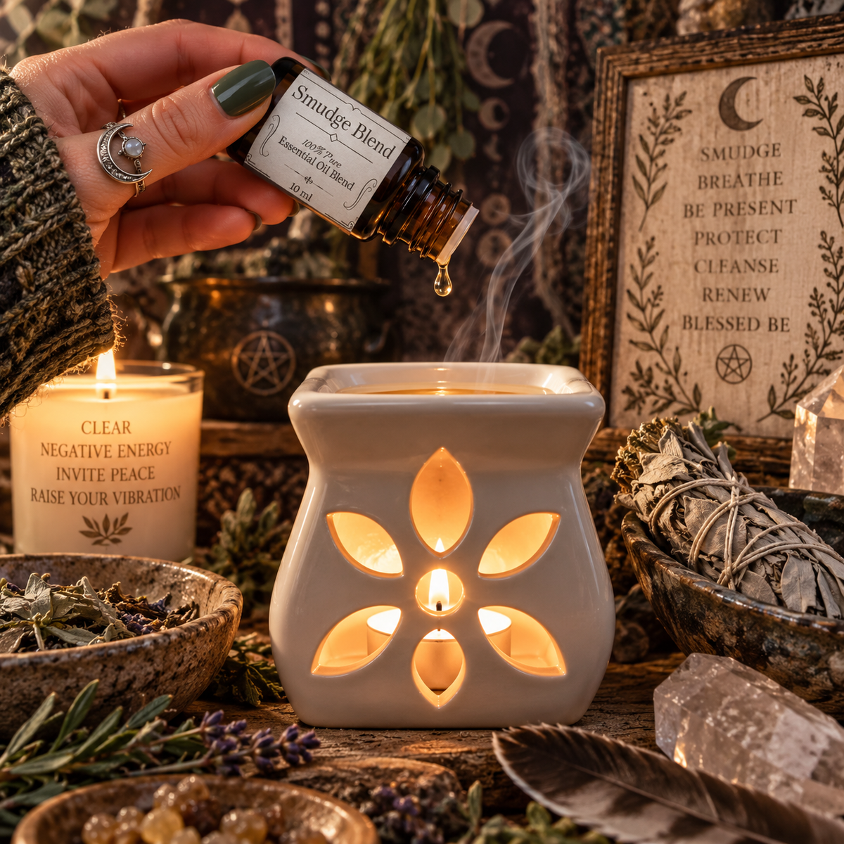 Smudge Blend essential oil diffuser blend being poured into an essential oil burner on a wooden surface with a feather and white sage smudge sticks with a candle in the background