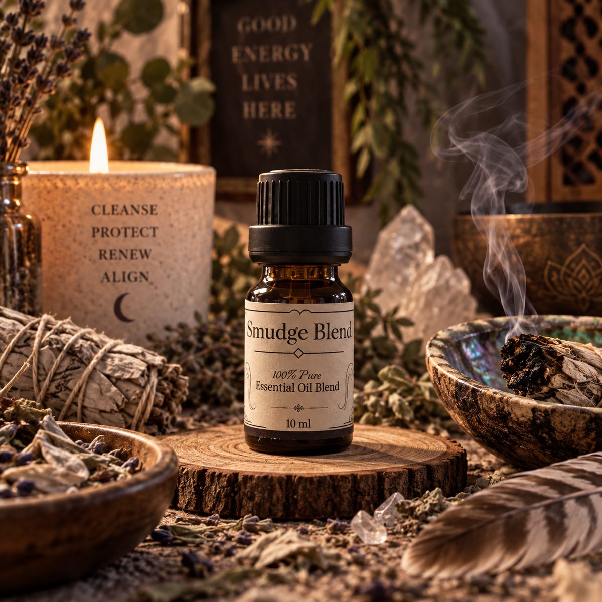 Smudge Blend essential oil diffuser blend on a wooden surface with a feather and white sage smudge sticks with a candle in the background
