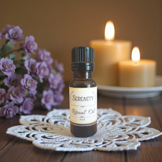 Serenity ritual oil bottle on a wooden surface with candles and flowers in the background