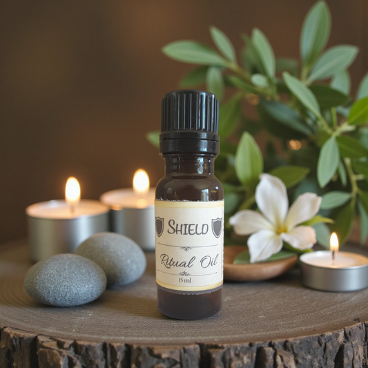 Bottle of Shield Ritual Oil on a wooden surface with candles and flowers in the background