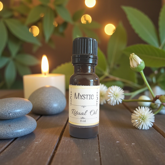 Mystic Ritual Oil bottle on a wooden surface with candles and flowers in the background