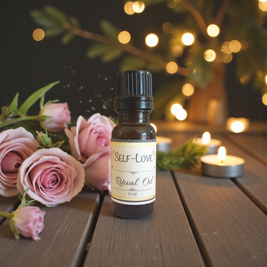 Bottle of 'Self-Love' ritual oil with pink roses and candles on a wooden surface.