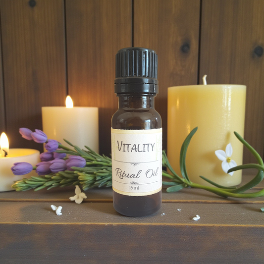 Bottle of 'Vitality Ritual Oil' with candles and flowers on a wooden surface
