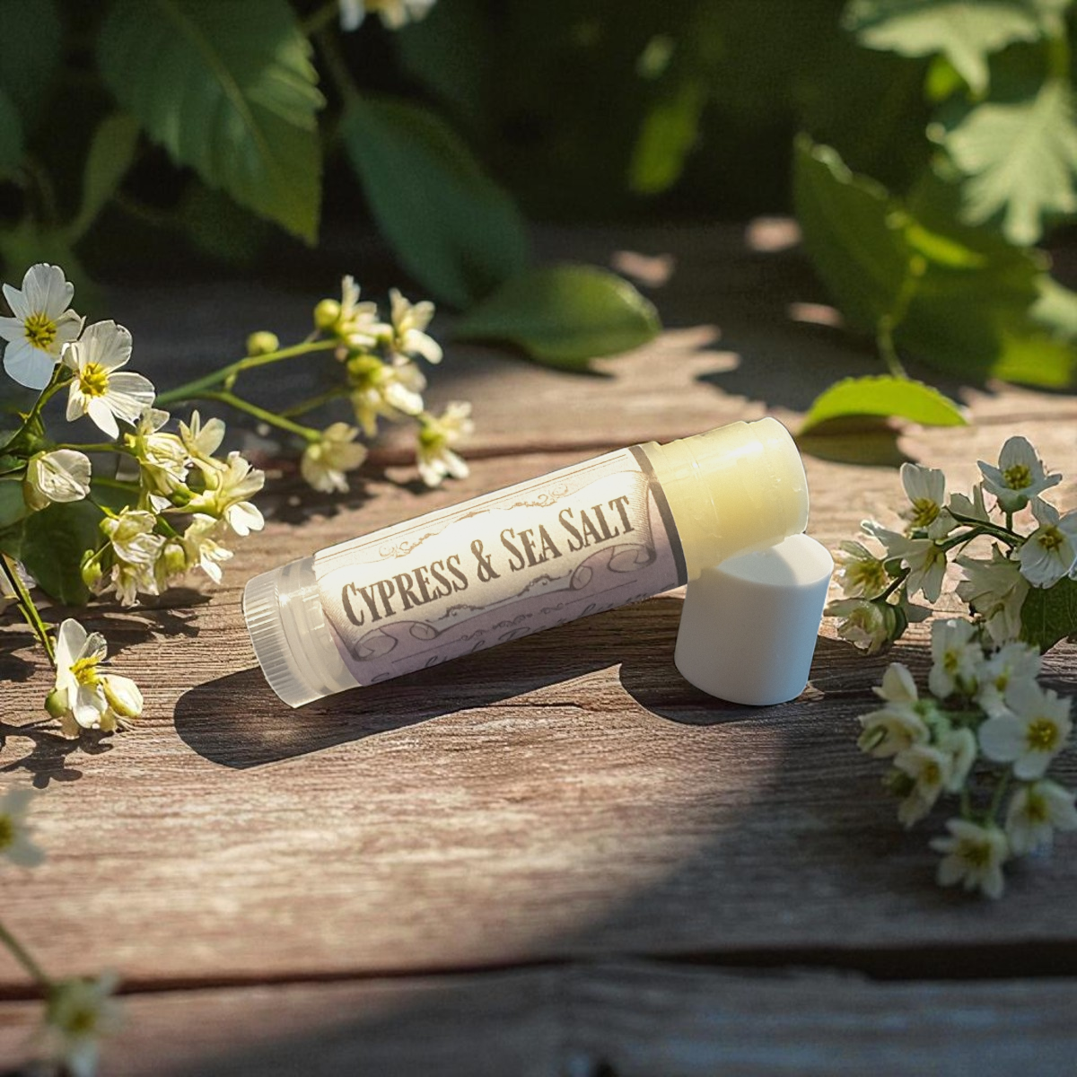 Cypress & Sea Salt solid cologne on a wooden surface with flowers around