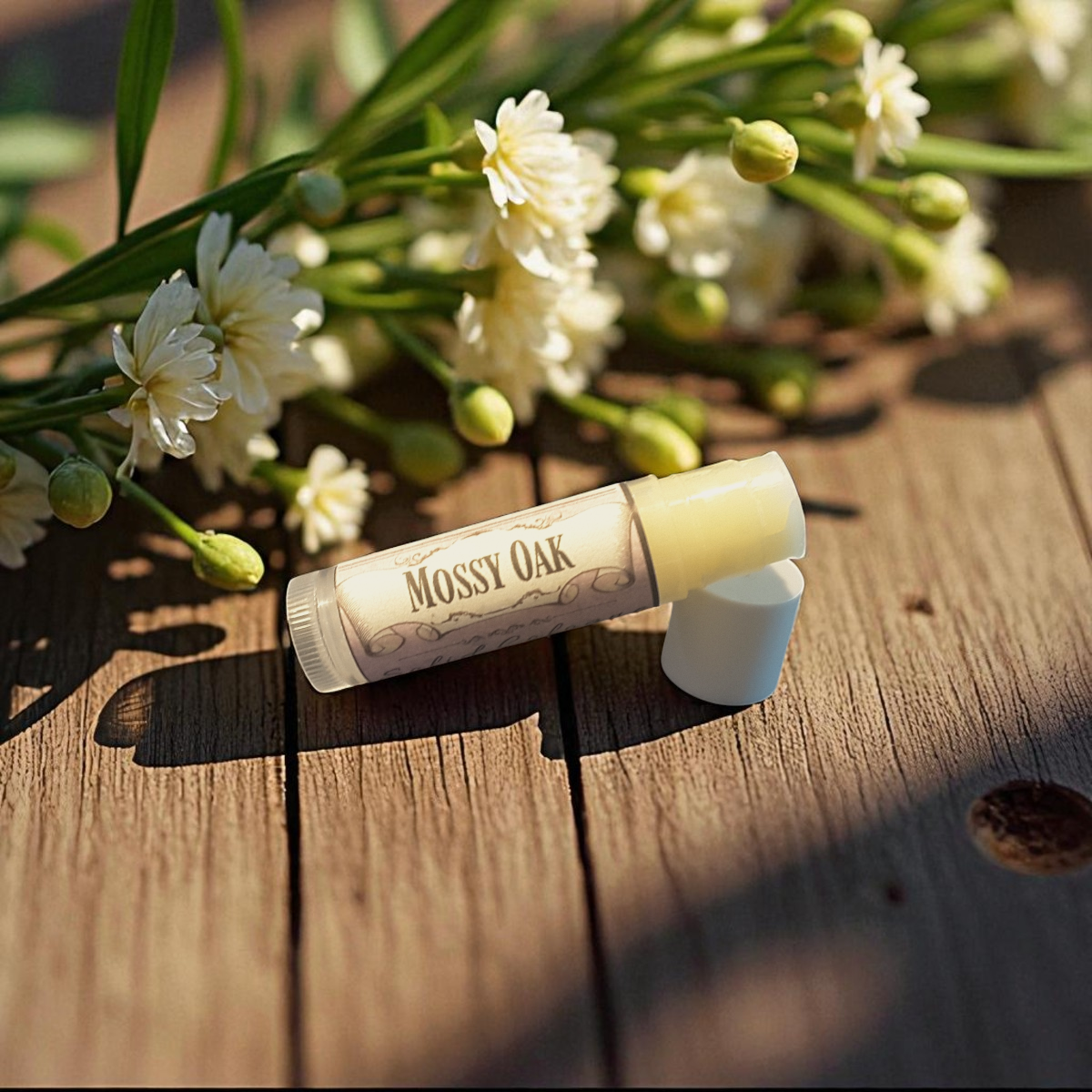 Mossy Oak solid cologne on a wooden surface with flowers in the background