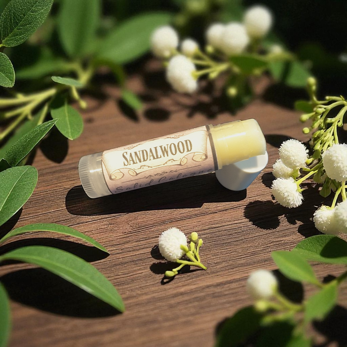 Sandalwood solid cologne on a wooden surface with green leaves and white flowers
