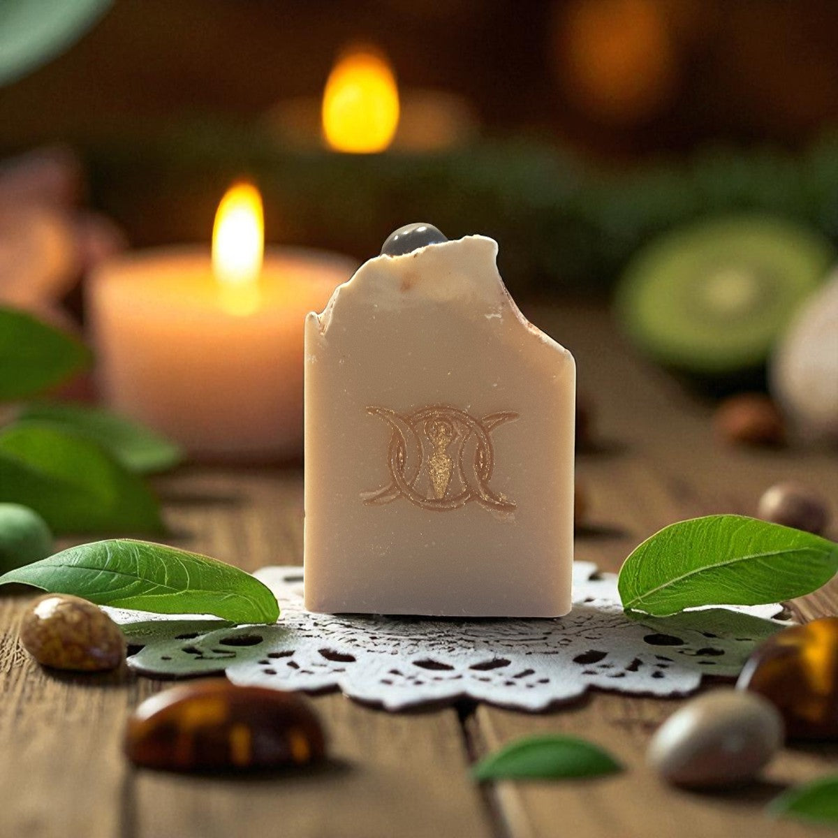 tiger eye crystal soap with a triple goddess symbol