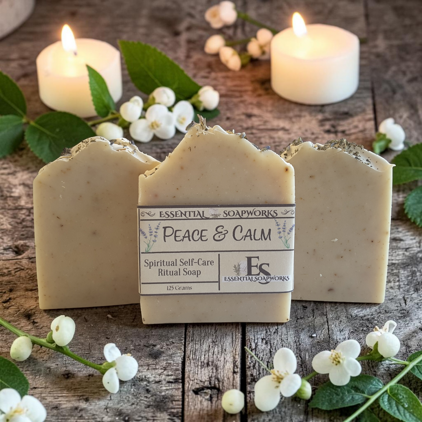 Three bars of Essential Soapworks Peace & Calm ritual soap are arranged on a rustic wooden surface with lit white candles, green leaves, and small white flowers. The center bar is upright and shows the product label.