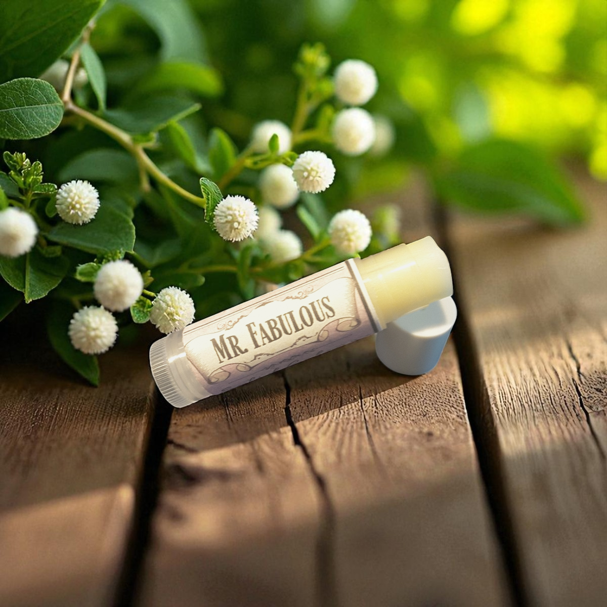 Mr. Fabulous solid cologne on a wooden surface with greenery in the background