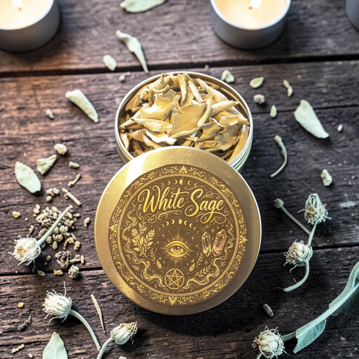 A round metal tin of loose White Sage sits open on a rustic dark wood surface, with the matching lid placed in front. The lid is gold-toned with ornate white sage-themed artwork and the words 'White Sage' in script.